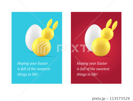 Happy Easter modern 3d greeting card bunny tumbler chicken egg design template set realistic vector 113573529