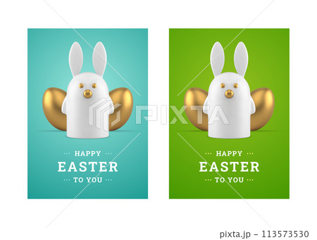 Happy Easter bunny golden chicken eggs 3d greeting card set design template realistic vector Happy Easter bunny golden chicken eggs 3d greeting card set design template realistic vector 113573530