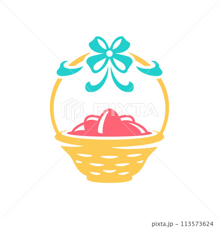 Easter festive straw basket full of painted chicken eggs decorated by bow ribbon icon vector flat 113573624