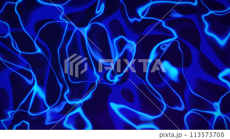 Abstract dark blue background with liquid electric neon lines, top view. Liquid lightning background, digital plastic neon blue gradient lines. 8k wallpaper 4k screensaver. 113573708