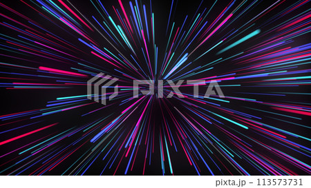 Multi-colored, rainbow splash of glowing synthetic lines. Abstract data flow tunnel radial lines explosion stars. Looped 3d futuristic background, hyperspace zoom. Neon. Multi-colored, rainbow splash of glowing synthetic lines. Abstract data flow tunnel radial lines explosion stars. Looped 3d futuristic background, hyperspace zoom. Neon. 113573731