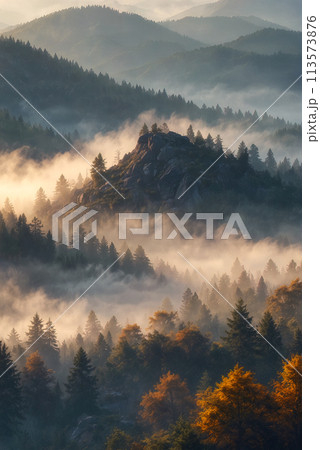 Beautiful sunrise landscape with high mountain peaks next to small stream. Dark mode colors. Generated AI Beautiful sunrise landscape with high mountain peaks next to small stream. Dark mode colors. Generated AI 113573876