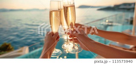 Celebratory Champagne Toast at Seaside Sunset Celebratory Champagne Toast at Seaside Sunset 113573940