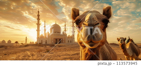 Decorated Camel in Desert Sunset Near Mosque 113573945