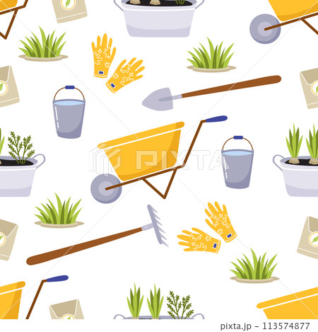 Spring gardening seamless background pattern. Set of bright elements - wheelbarrow, gardening tools, grass, seeds. Spring gardening seamless background pattern. Set of bright elements - wheelbarrow, gardening tools, grass, seeds. 113574877