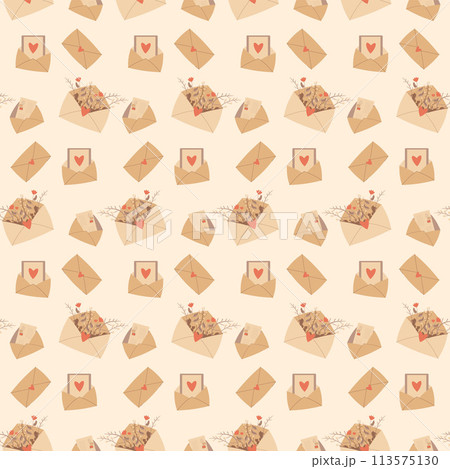 Envelope with flowers and heart greeting card seamless pattern. romantic message endless background. Vector illustration. 113575130