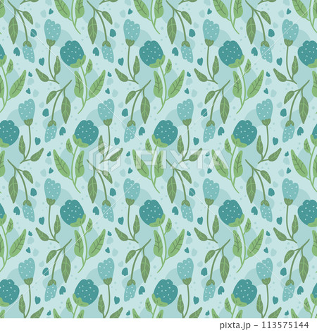Flowers seamless pattern. Blue wildflowers endless background. Summer meadow repeat cover. Botanic loop ornament. Vector hand drawn illustration. Flowers seamless pattern. Blue wildflowers endless background. Summer meadow repeat cover. Botanic loop ornament. Vector hand drawn illustration. 113575144