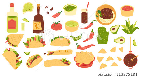 Mexican food set. Sauce salsa, guacamole. Burrito, taco, nacho. Traditional culture cuisine. Vector flat hand drawn illustration isolated. 113575181