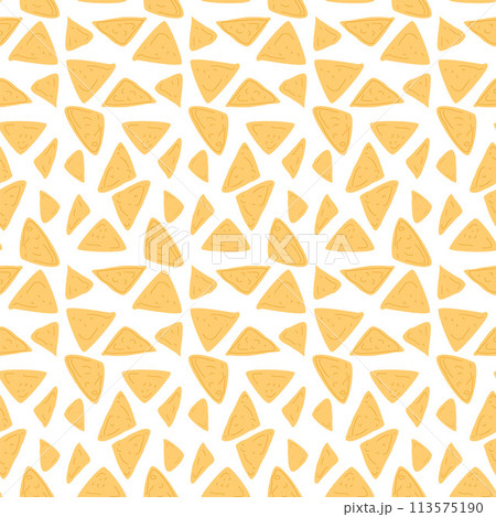 Nachos seamless pattern. Mexican cuisine repeat background. Tortilla chips endless cover. Vector flat hand drawn illustration. 113575190