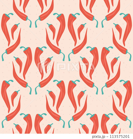 Red chili pepper seamless pattern. Vector flat illustration. Red chili pepper seamless pattern. Vector flat illustration. 113575201