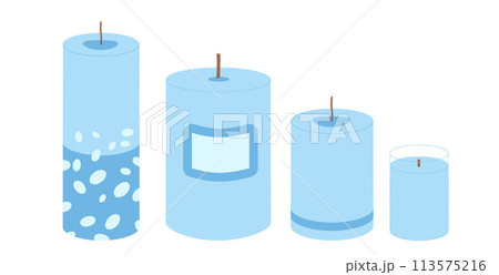 Wax pillar candles set. Handmade blue aromatic candlelight isolated in white background. Hygge time. Aromatherapy and relaxation home decor. Vector handdrawn illustration Wax pillar candles set. Handmade blue aromatic candlelight isolated in white background. Hygge time. Aromatherapy and relaxation home decor. Vector handdrawn illustration 113575216
