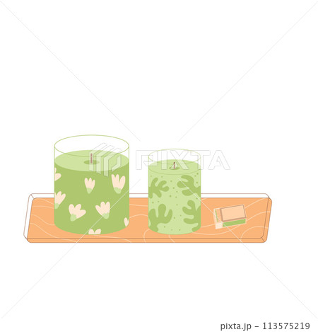 Candles on a wooden stand set. Handmade aromatic candlelight with match isolated in white background. Hygge time. Aromatherapy and relaxation home decor. Vector hand drawn illustration 113575219