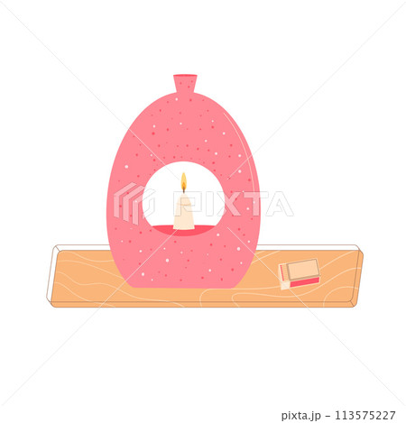 Holiday soy aroma candle in wooden stand. Handmade scented candlelight isolated in white background. Hygge time. Aromatherapy and relaxation home decor. Vector flat illustration Holiday soy aroma candle in wooden stand. Handmade scented candlelight isolated in white background. Hygge time. Aromatherapy and relaxation home decor. Vector flat illustration 113575227