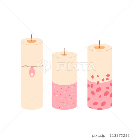 Holiday pillar candles set. Handmade aromatic candlelight isolated in white background. Hygge time. Aromatherapy and relaxation home decor. Vector hand drawn illustration Holiday pillar candles set. Handmade aromatic candlelight isolated in white background. Hygge time. Aromatherapy and relaxation home decor. Vector hand drawn illustration 113575232