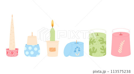Aroma candles set. Handmade aromatic candlelight isolated in white background. Hygge time. Spa and relaxation home decor. Vector handdrawn illustration 113575238