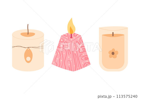 Beeswax candles set. Handmade aromatic candlelight isolated in white background. Hygge time. Aromatherapy and relaxation home decor. Vector handdrawn illustration 113575240