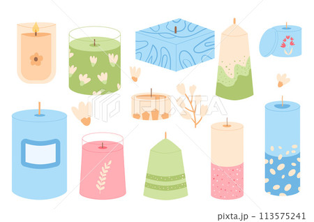 Candles different shapes set. Wax, soy, paraffin candles. Aroma spa accessories for relax collection. Home decor items. Vector flat illustration 113575241