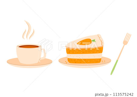 Coffee cup with slice of carrot cake and fork. Sweet bakery piece with hot beverage. Pastry dessert with cream for breakfast. Vector pie and drink illustration isolated on white background. 113575242