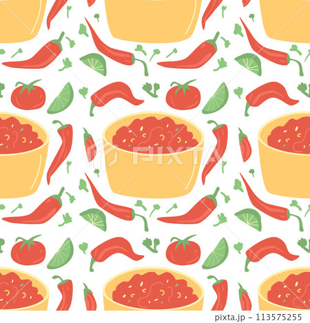Salsa sauce seamless pattern. Mexican cuisine repeat background. Salsa rojo red endless cover. Traditional mexican food with tomato, pepper lime for snack loop ornament. Vector illustration. Salsa sauce seamless pattern. Mexican cuisine repeat background. Salsa rojo red endless cover. Traditional mexican food with tomato, pepper lime for snack loop ornament. Vector illustration. 113575255