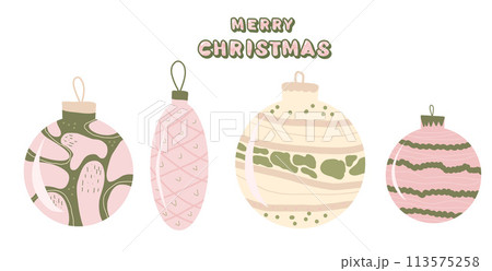 Merry Christmas toys set isolated. Festive holiday hand drawn symbols. Happy New Year ornaments glass balls. Vector flat illustration. Merry Christmas toys set isolated. Festive holiday hand drawn symbols. Happy New Year ornaments glass balls. Vector flat illustration. 113575258