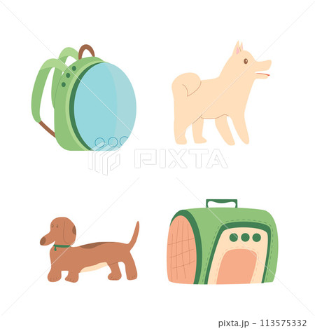 Pets transportation. Dogs with soft pets carrier and backpack isolated on white background. Trip for adventure and rest with domestic animals. Vector flat illustration 113575332