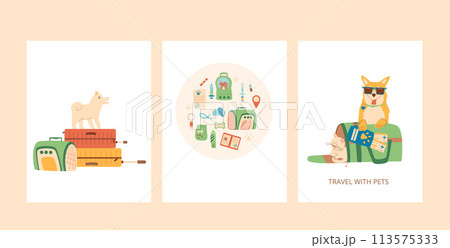 Travel with pets greeting card set. Tourism accessories and sight with domestic animals elements backgrounds. Trip for adventure and rest with dogs and cats banners. Vector illustration Travel with pets greeting card set. Tourism accessories and sight with domestic animals elements backgrounds. Trip for adventure and rest with dogs and cats banners. Vector illustration 113575333