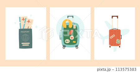 Travel posters templates set. Baggage, passport, flight tickets tourism accessories. Trip elements holiday weekend vacation. Flat illustration. Travel posters templates set. Baggage, passport, flight tickets tourism accessories. Trip elements holiday weekend vacation. Flat illustration. 113575383