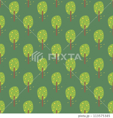 Garden trees landscape seamless pattern. Ripe fruit forest endless background. Park with repeat cover. Nature environment loop ornament. Vector flat hand drawn illustration. 113575385