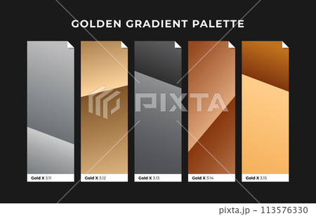 Golden color palette. Gold, copper, bronze gradient palette template. Collection palette of colorful metallic gradient illustrations for background, texture. Realistic gold metal. Vector illustration Golden color palette. Gold, copper, bronze gradient palette template. Collection palette of colorful metallic gradient illustrations for background, texture. Realistic gold metal. Vector illustration 113576330