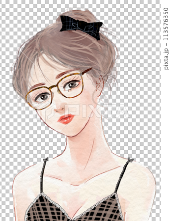 Watercolor illustration of a stylish woman in her 20s wearing rimmed glasses and underwear Watercolor illustration of a stylish woman in her 20s wearing rimmed glasses and underwear 113576350