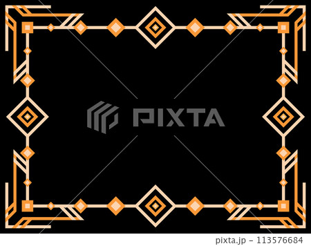 Art deco frame. Vintage linear border. Geometric frame in gold color in line art style with space for text. Design a template for invitation, leaflet and greeting card. Vector illustration Art deco frame. Vintage linear border. Geometric frame in gold color in line art style with space for text. Design a template for invitation, leaflet and greeting card. Vector illustration 113576684