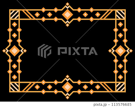 Art deco frame. Vintage linear border. Geometric frame in gold color in line art style with space for text. Design a template for invitation, leaflet and greeting card. Vector illustration Art deco frame. Vintage linear border. Geometric frame in gold color in line art style with space for text. Design a template for invitation, leaflet and greeting card. Vector illustration 113576685