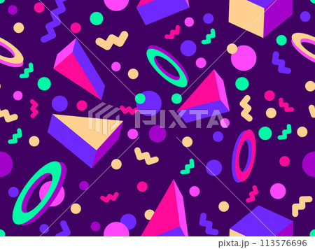 Geometric seamless pattern with 3D shapes in the style of the 80s and 90s. Isometric 3D shapes in Memphis style. Design of promotional products, wrapping paper and printing. Vector illustration 113576696