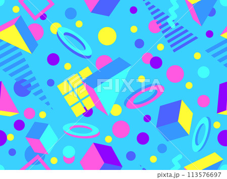 Geometric seamless pattern with 3D shapes in the style of the 80s and 90s. Isometric 3D shapes in Memphis style. Design of promotional products, wrapping paper and printing. Vector illustration 113576697