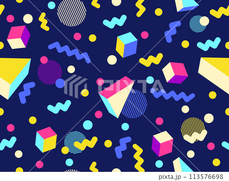 Geometric seamless pattern with 3D shapes in the style of the 80s and 90s. Isometric 3D shapes in Memphis style. Design of promotional products, wrapping paper and printing. Vector illustration 113576698