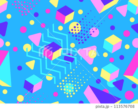 Geometric seamless pattern with 3D shapes in the style of the 80s and 90s. Isometric 3D shapes in Memphis style. Design of promotional products, wrapping paper and printing. Vector illustration Geometric seamless pattern with 3D shapes in the style of the 80s and 90s. Isometric 3D shapes in Memphis style. Design of promotional products, wrapping paper and printing. Vector illustration 113576708