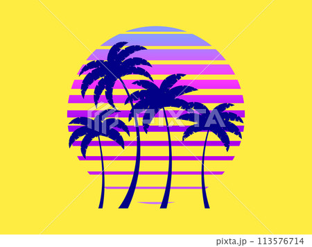 Silhouettes of palm trees against a retro futuristic sun background. Palm trees against a background of gradient sun in synthetic and retrowave styles. Summer time. Vector illustration 113576714
