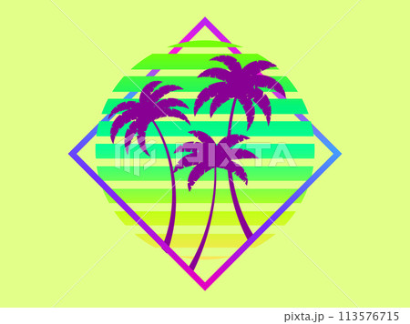 Retro sci-fi palm trees from the 80s at sunset in a square frame. Retro futuristic sun with palm trees. Synthwave and Retrowave style. Design of advertising banners and posters. Vector illustration 113576715