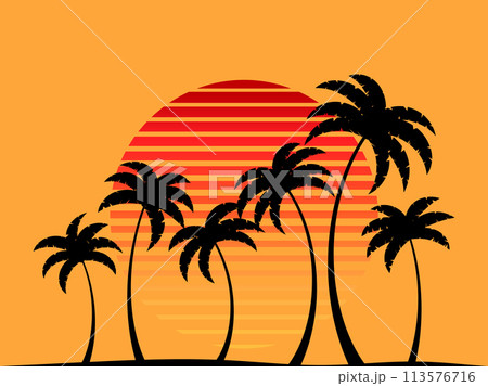 Tropical palm trees at sunset in a futuristic 80s style. Summer time, silhouettes of palm trees in synthwave and retrowave style. Design of advertising booklets and banners. Vector illustration 113576716