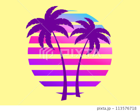 Silhouettes of palm trees against a retro futuristic sun background. Palm trees against a background of gradient sun in synthetic and retrowave styles. Summer time. Vector illustration 113576718
