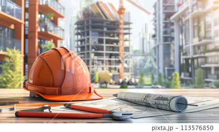 Asian engineer with architectural house plan project blueprint, graph and yellow helmet and engineering construction tools. Asian engineer with architectural house plan project blueprint, graph and yellow helmet and engineering construction tools. 113576850