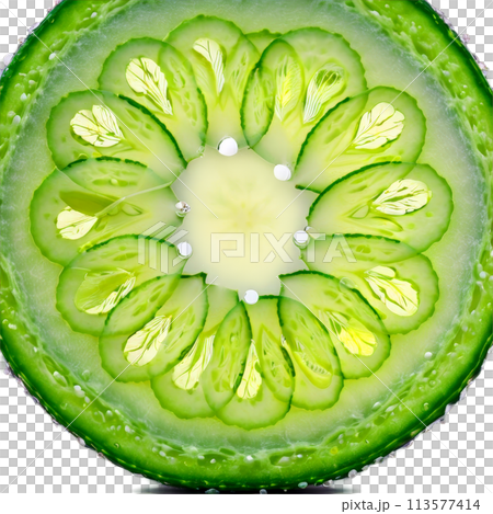 Cucumber seed oil in a clear glass dispenser with a sliced cucumber on a transparent 113577414