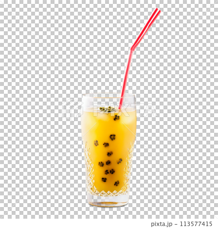 Iced passion fruit tea in a chic clear glass with passion fruit seeds and a 113577415