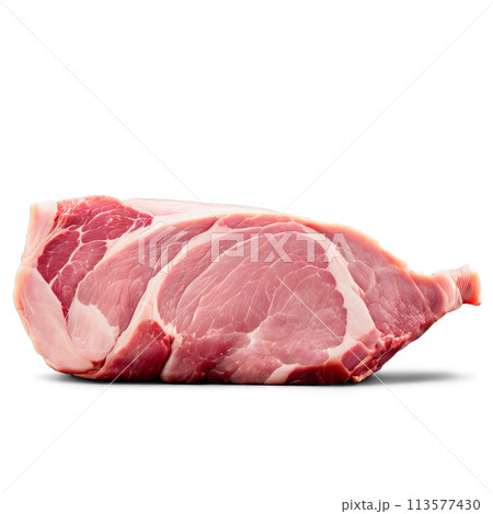 Raw pork shoulder boneless pale pink color photographed in soft light Food and culinary concept 113577430
