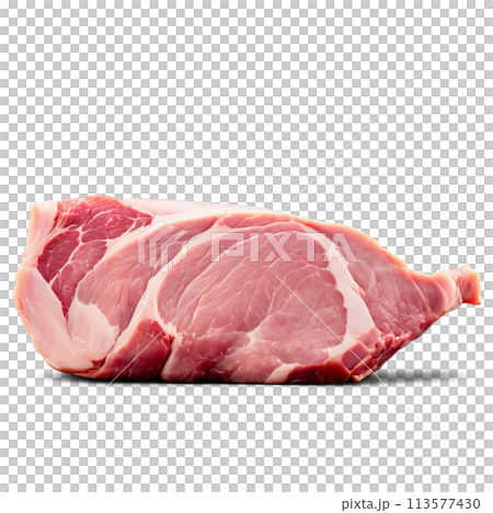 Raw pork shoulder boneless pale pink color photographed in soft light Food and culinary concept 113577430