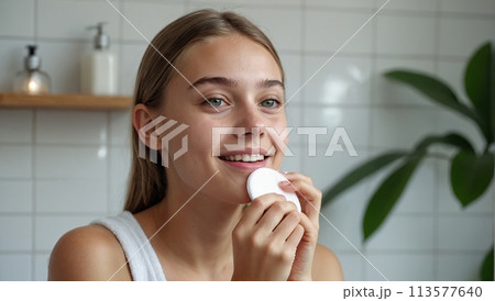 Happy young beautiful Caucasian woman takes care of her facial skin. 113577640