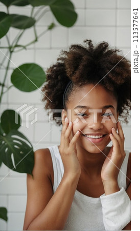 Happy young beautiful African American woman taking care of her facial skin. 113577641