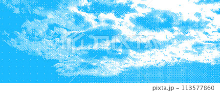 Monochrome blue clouds in the sky with halftone raster effect and dot texture 113577860