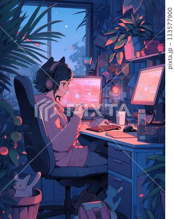 LoFi深夜にくつろいでいる女の子 113577900