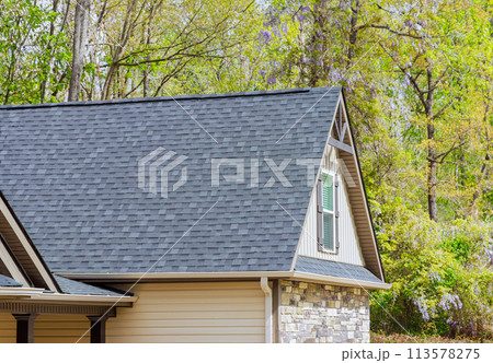 On newly constructed home, overlapping asphalt shingles are seen on roof 113578275